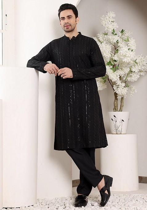 Black Embellished Ethnic Motifs Kurta Set For Men