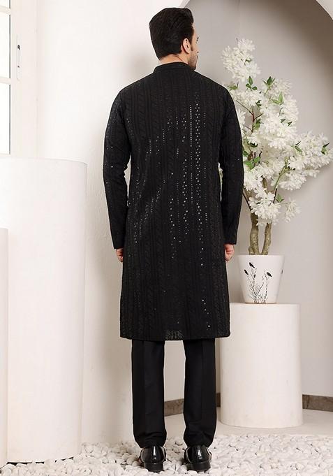 Black Embellished Ethnic Motifs Kurta Set For Men
