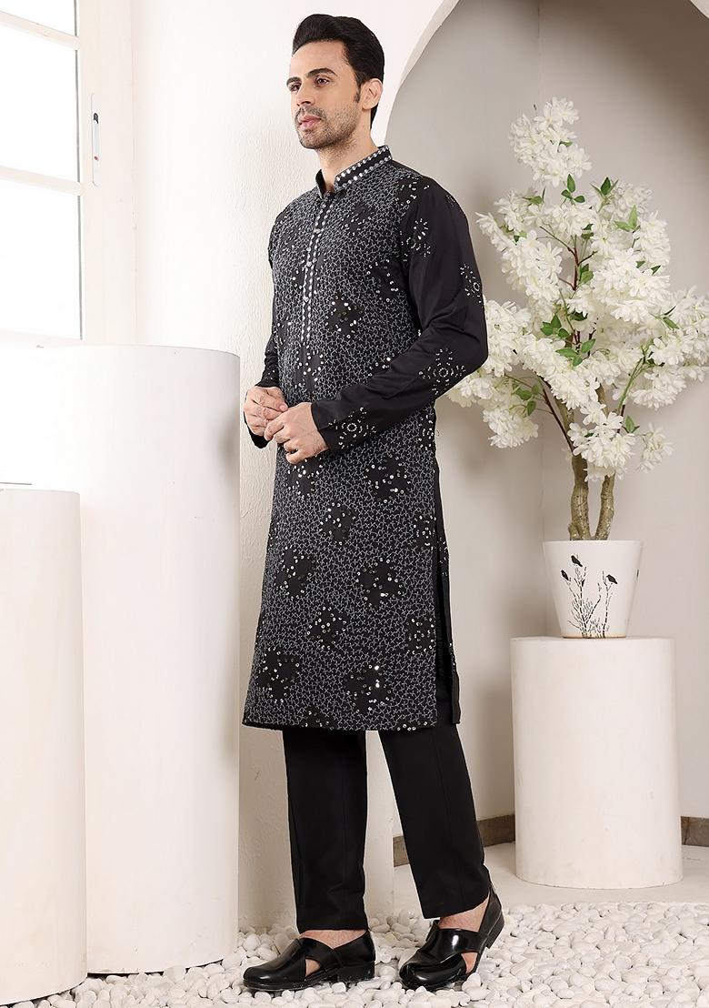 Black Embellished Rayon Silk Kurta Set For Men
