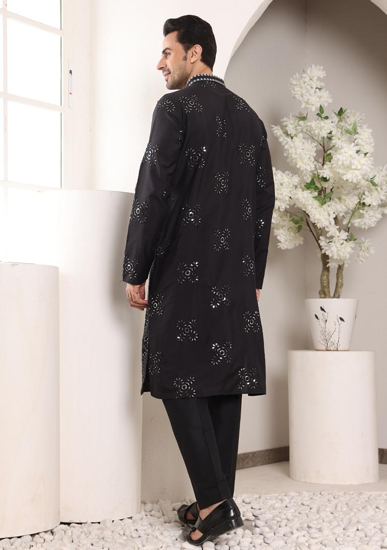 Black Embellished Rayon Silk Kurta Set For Men