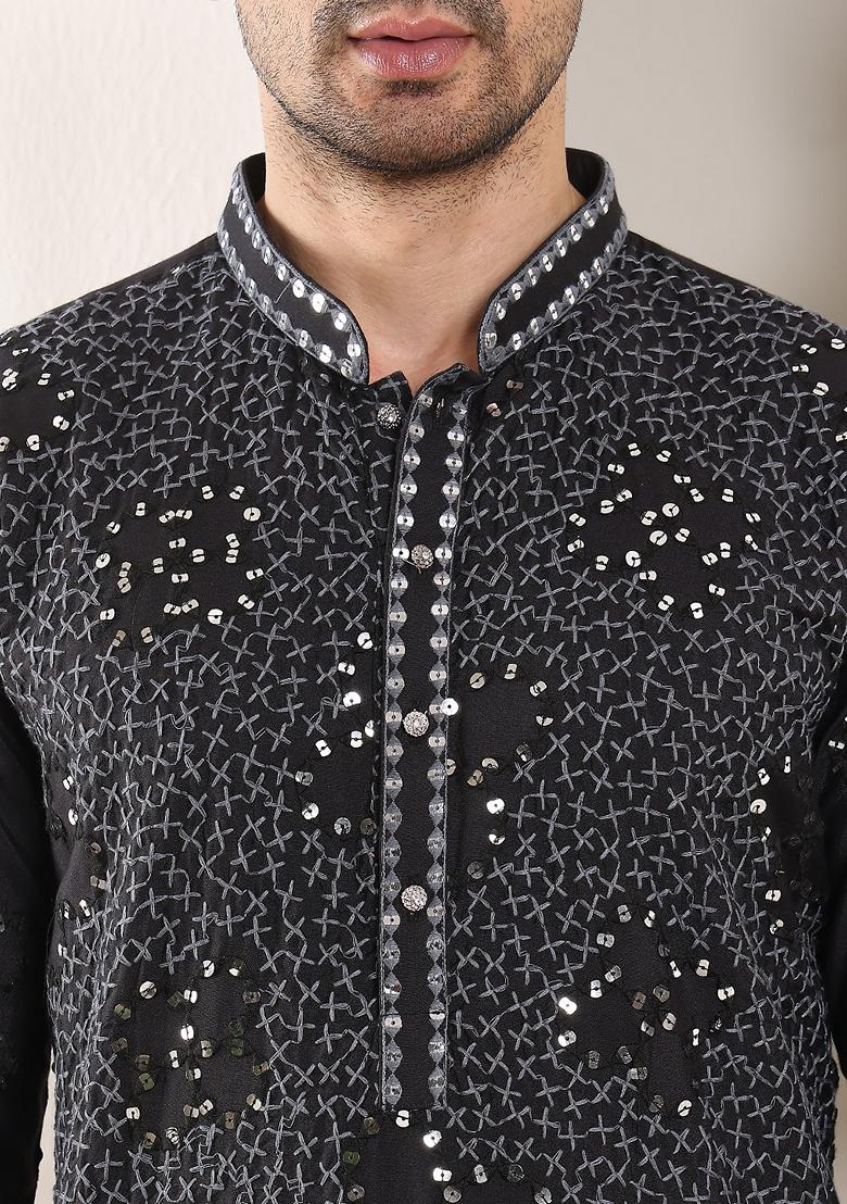 Black Embellished Rayon Silk Kurta Set For Men