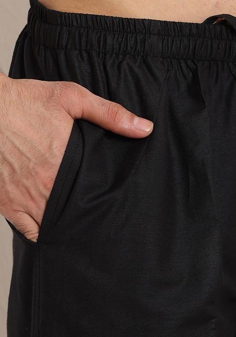 Black Embellished Rayon Silk Kurta Set For Men