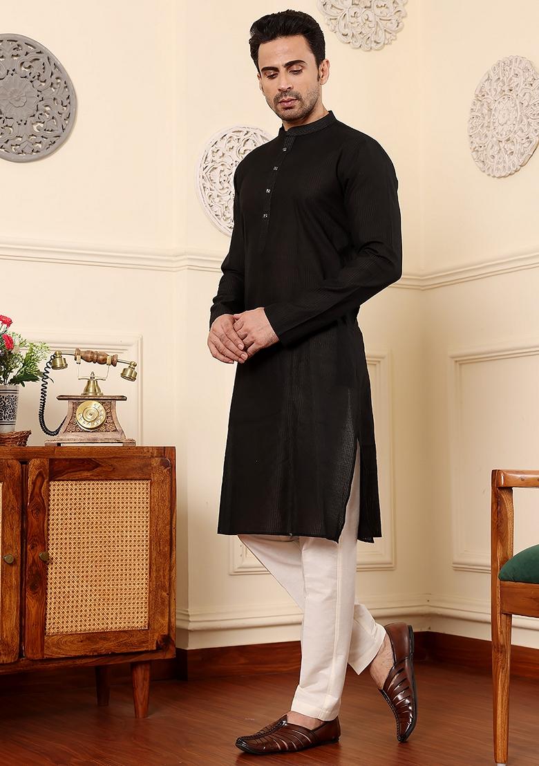 Black Embellished Viscose Silk Kurta Set For Men