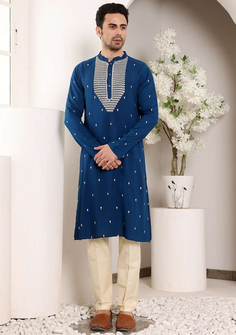 Blue Embellished Viscose Silk Kurta Set For Men - Indya
