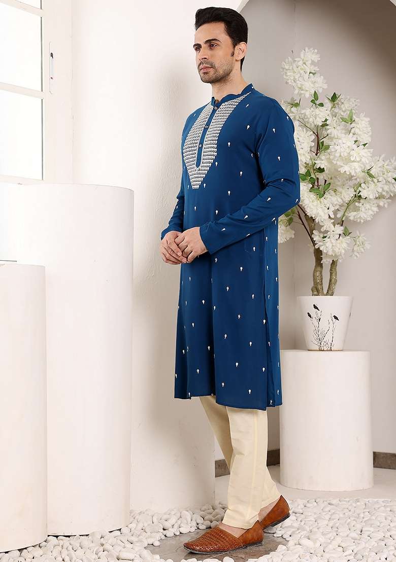 Blue Embellished Viscose Silk Kurta Set For Men - Indya