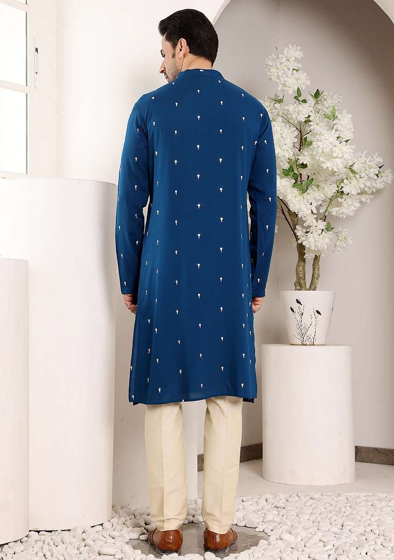 Blue Embellished Viscose Silk Kurta Set For Men - Indya
