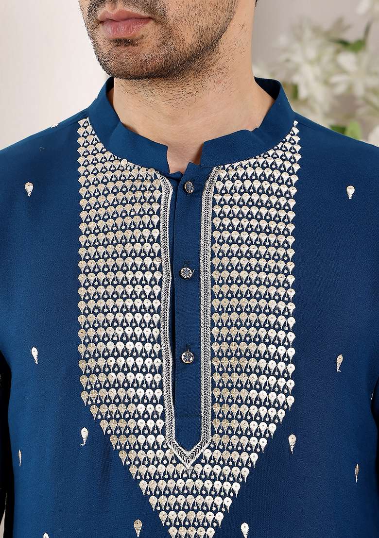 Blue Embellished Viscose Silk Kurta Set For Men - Indya