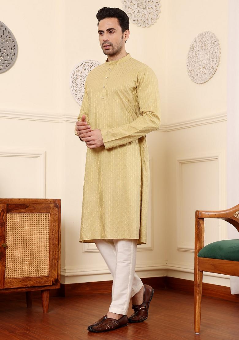 Yellow Embellished Rayon Silk Kurta Set For Men