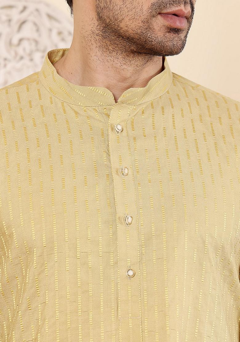 Yellow Embellished Rayon Silk Kurta Set For Men