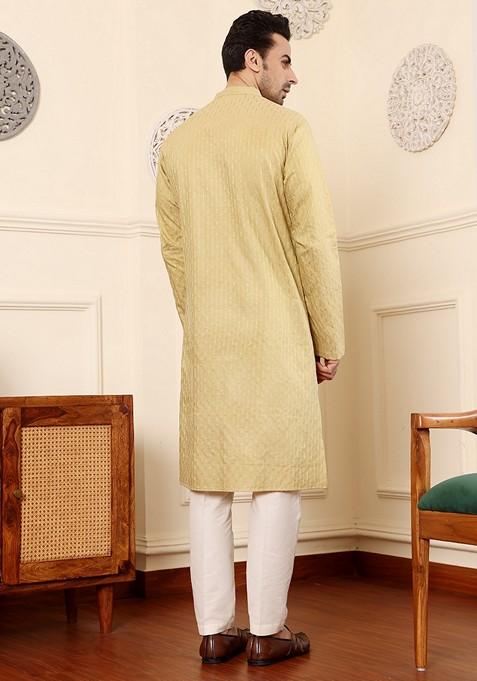 Yellow Embellished Rayon Silk Kurta Set For Men