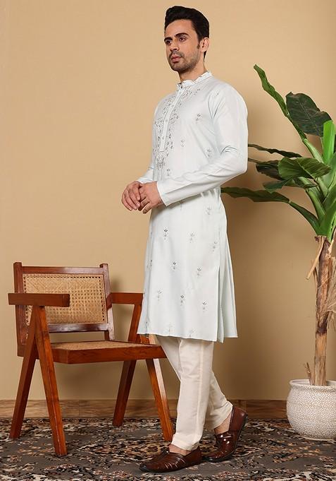 Light Blue Embellished Viscose Silk Kurta Set For Men