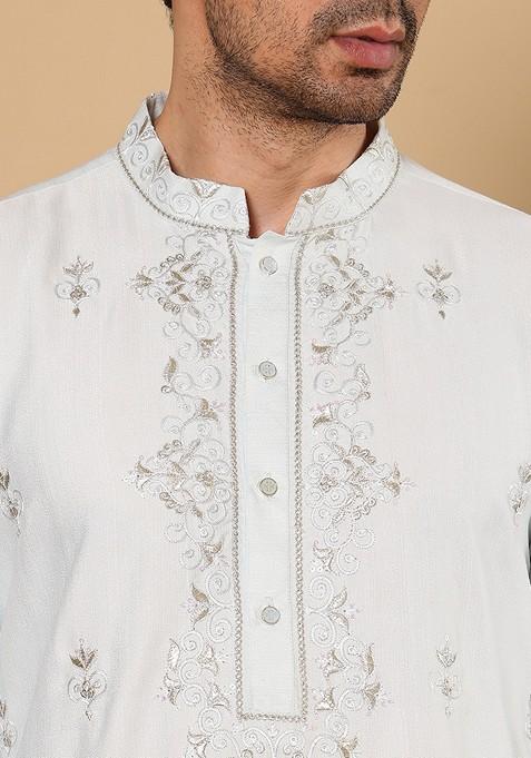 Light Blue Embellished Viscose Silk Kurta Set For Men