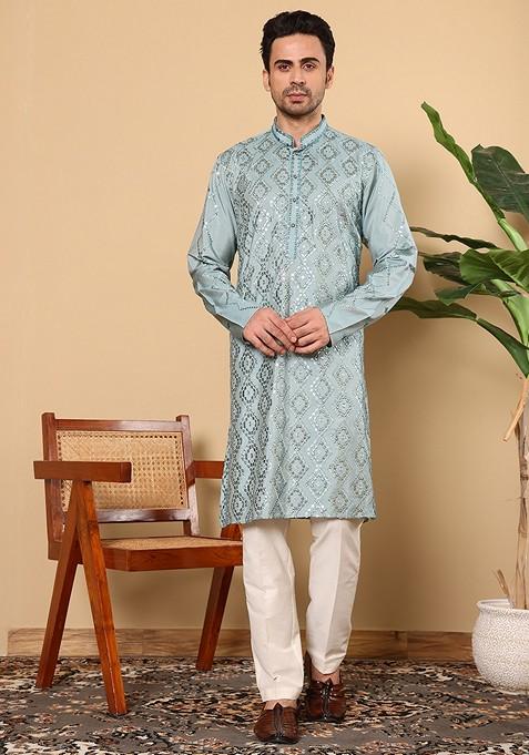 Blue Embroidered Viscose Silk Kurta Set For Men