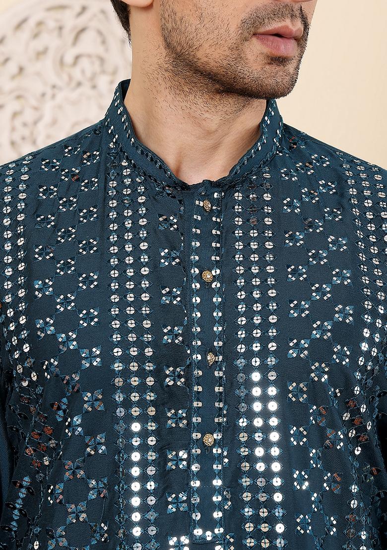 Dark Blue Embellished Viscose Silk Kurta Set For Men