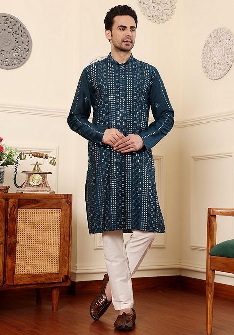 Dark Blue Embellished Viscose Silk Kurta Set For Men