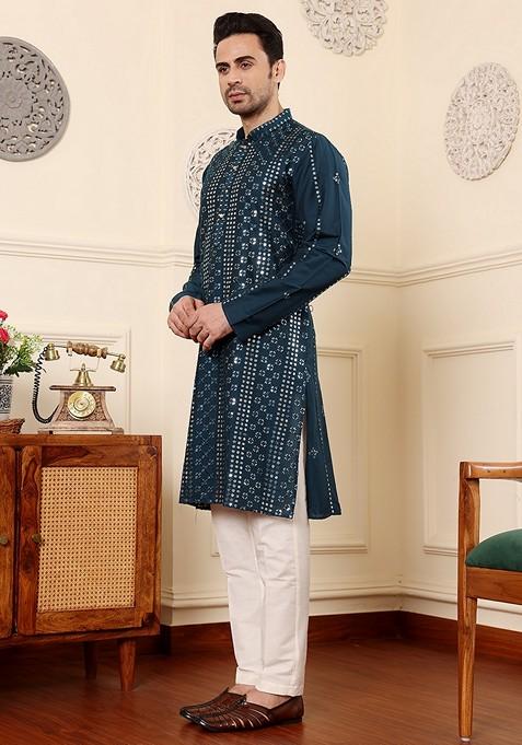 Dark Blue Embellished Viscose Silk Kurta Set For Men
