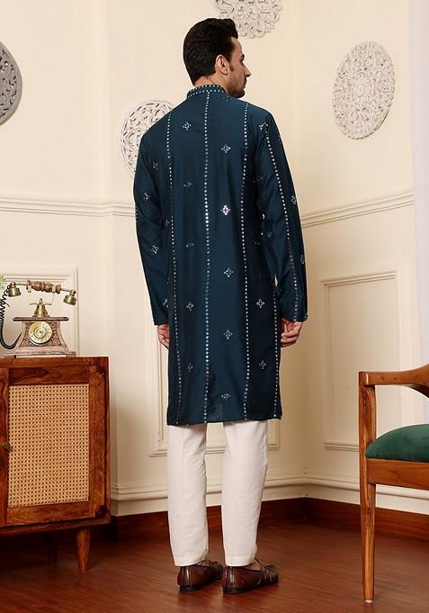 Dark Blue Embellished Viscose Silk Kurta Set For Men