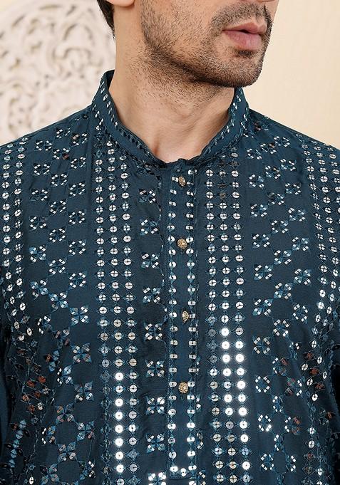 Dark Blue Embellished Viscose Silk Kurta Set For Men