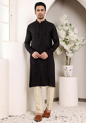 Black Embellished Viscose Silk Kurta Set For Men