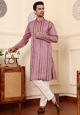 Pink Embellished Viscose Silk Kurta Set For Men