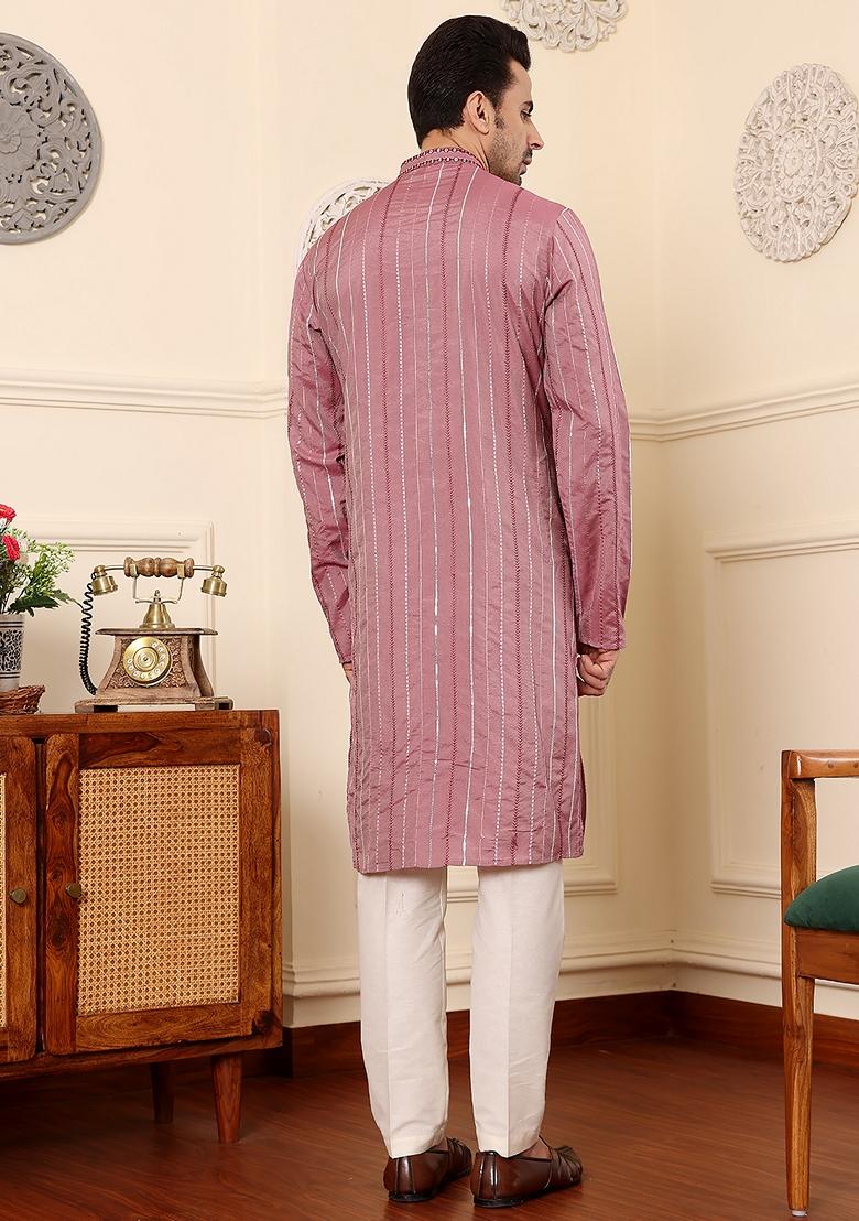 Pink Embellished Viscose Silk Kurta Set For Men