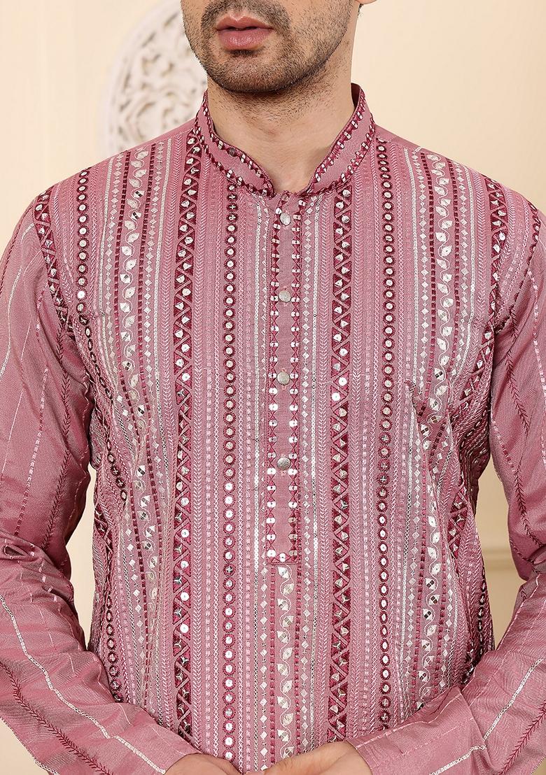 Pink Embellished Viscose Silk Kurta Set For Men