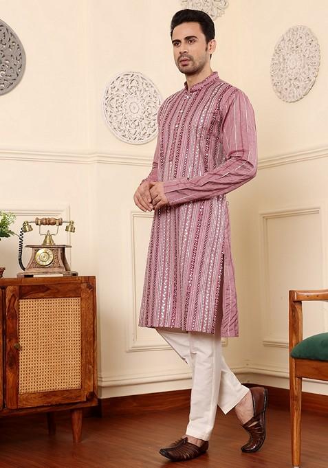 Pink Embellished Viscose Silk Kurta Set For Men