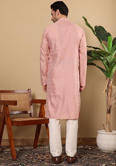 Pink Embellished Viscose Silk Kurta Set For Men