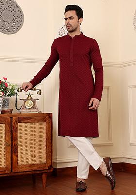 Red Embellished Rayon Silk Kurta Set For Men