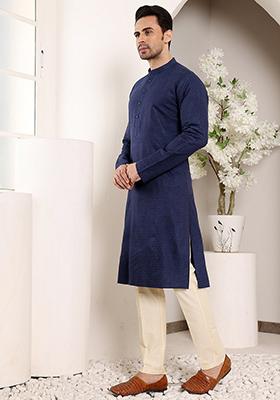 Blue Textured Viscose Silk Kurta Set For Men