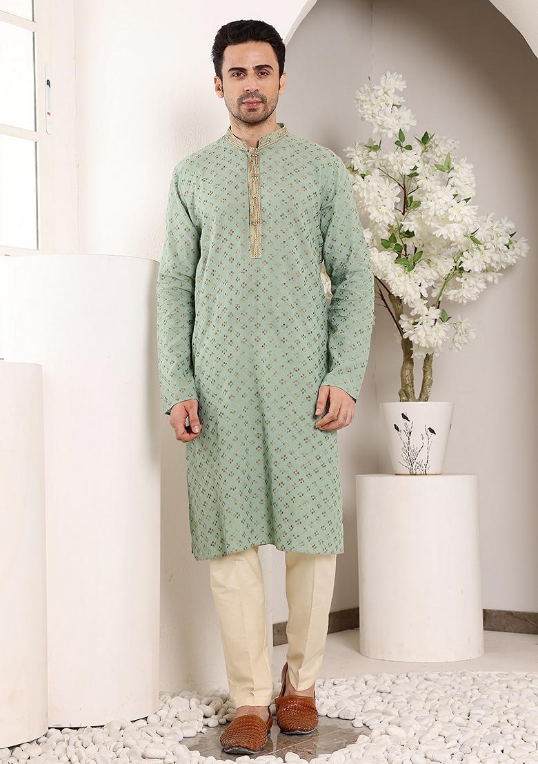 Sea Green Textured Cotton Kurta Set For Men