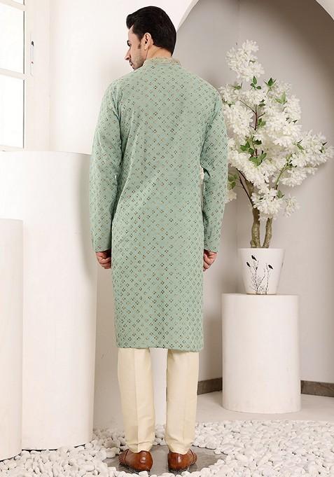 Sea Green Textured Cotton Kurta Set For Men