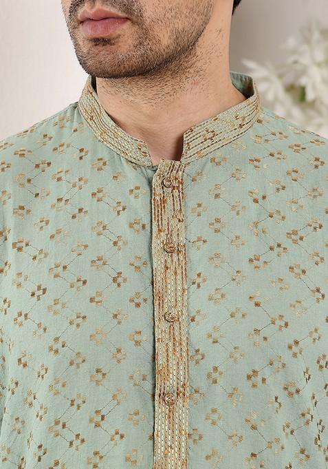 Sea Green Textured Cotton Kurta Set For Men