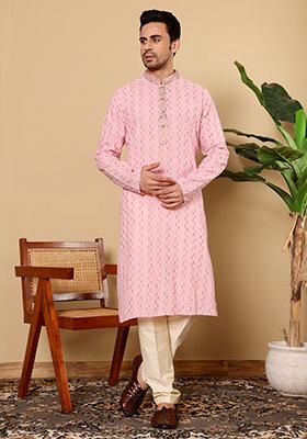 Pink Embellished Cotton Kurta Set For Men