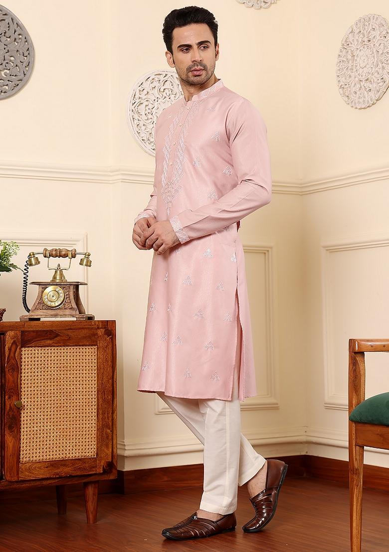 Pink Embellished Viscose Silk Kurta Set For Men