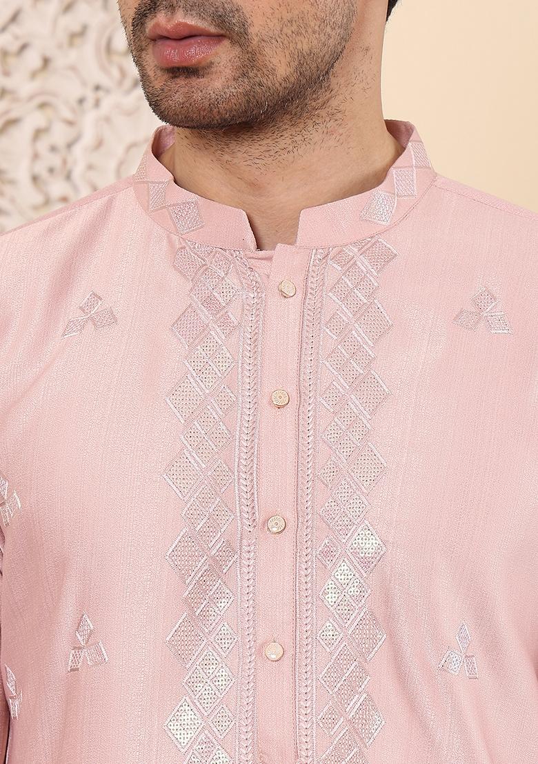 Pink Embellished Viscose Silk Kurta Set For Men