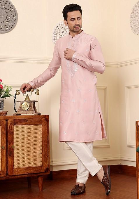 Pink Embellished Viscose Silk Kurta Set For Men