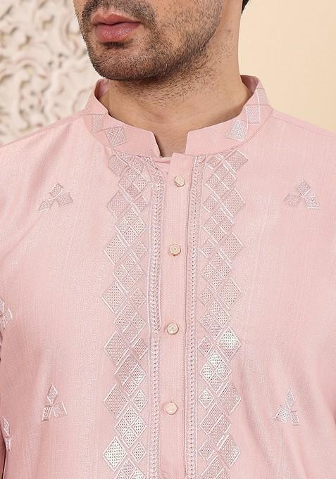 Pink Embellished Viscose Silk Kurta Set For Men