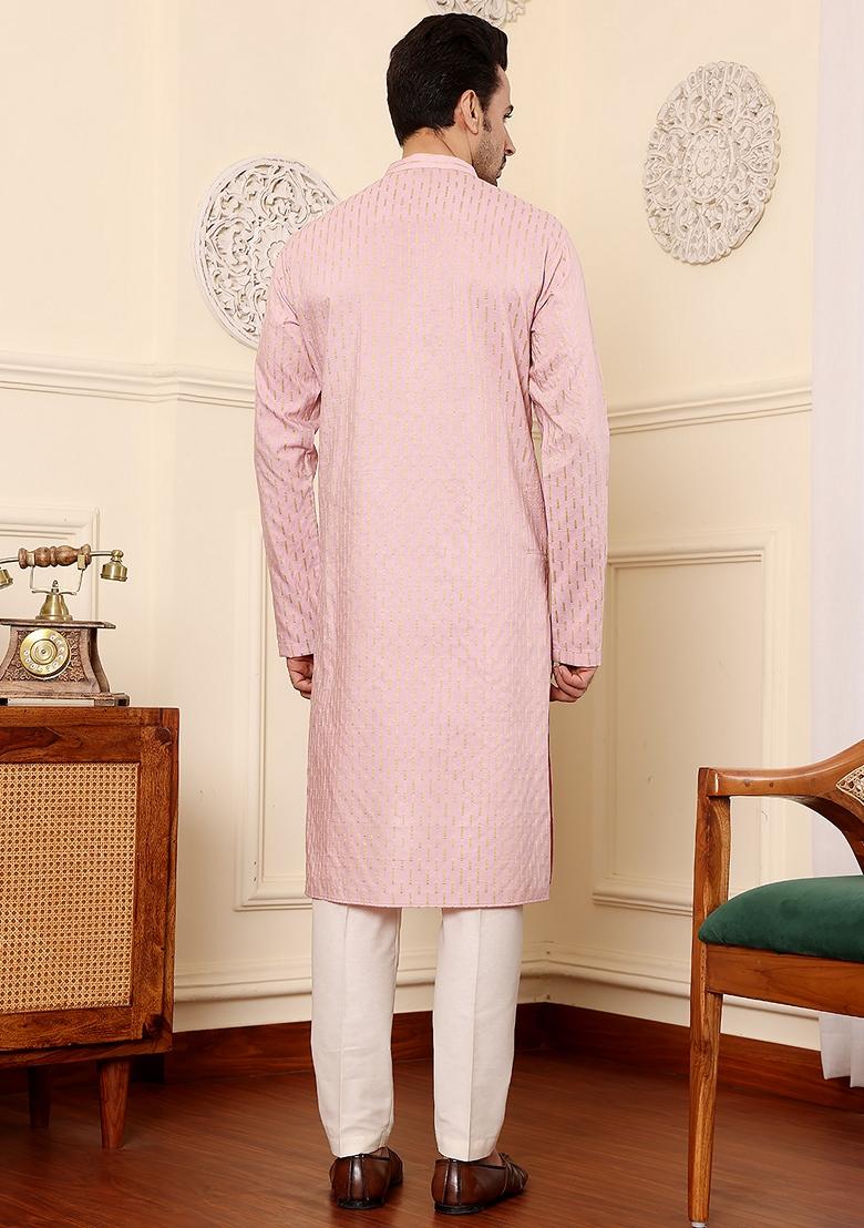 Pink Printed Viscose Silk Kurta Set For Men