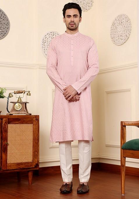 Pink Printed Viscose Silk Kurta Set For Men