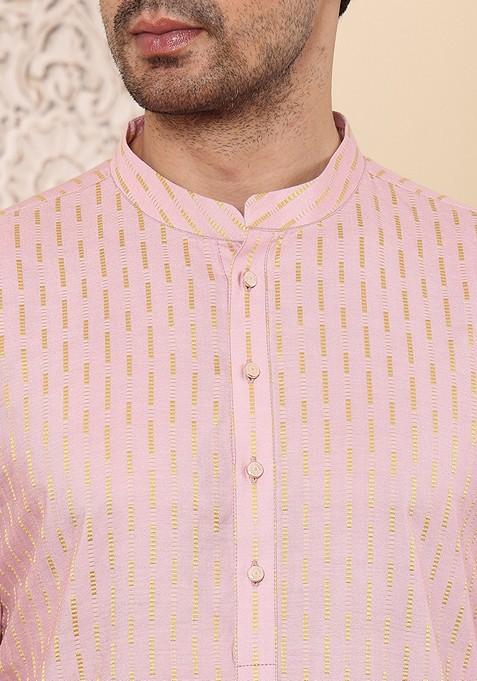 Pink Printed Viscose Silk Kurta Set For Men
