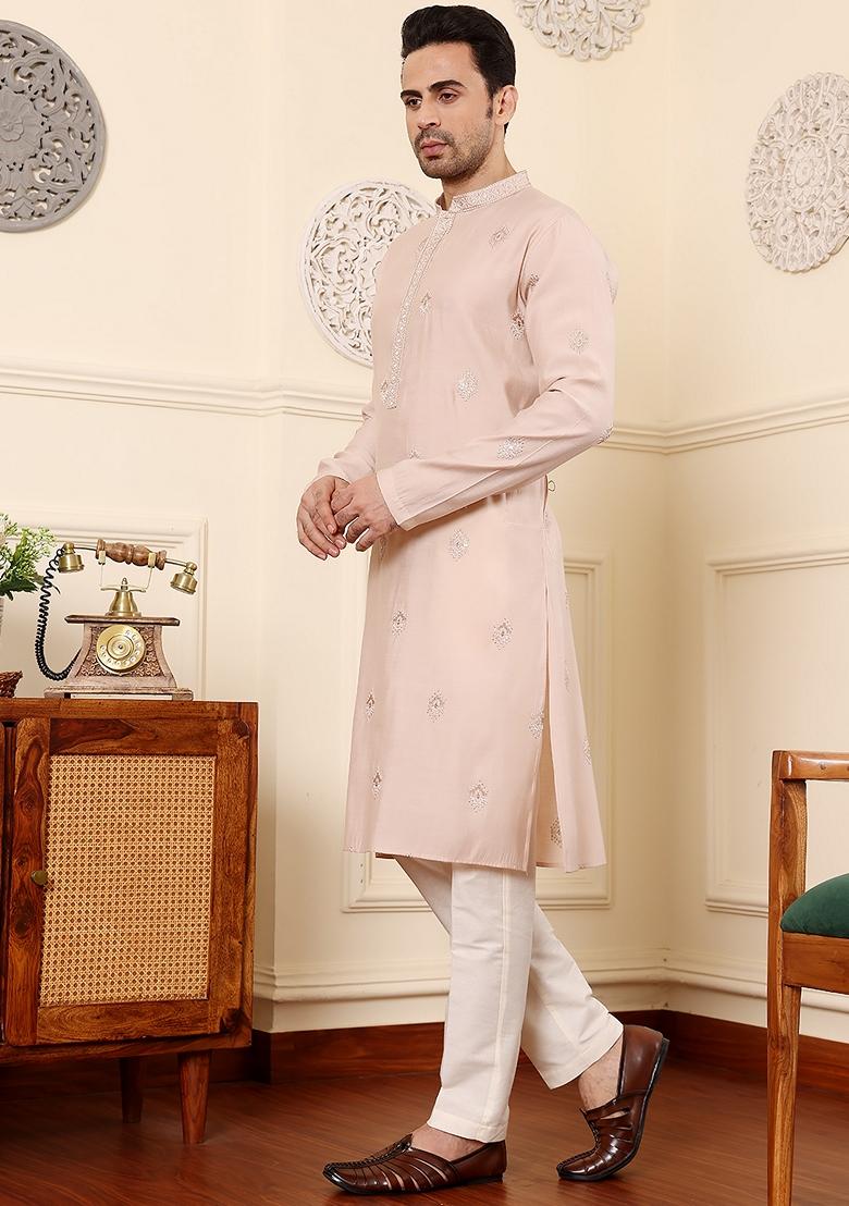 Peach Embellished Viscose Silk Kurta Set For Men