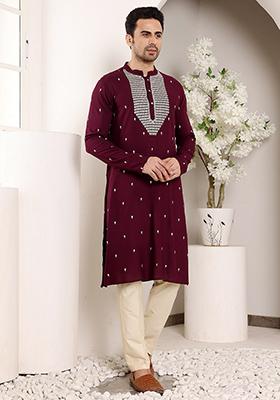 Pink Embellished Viscose Silk Kurta Set For Men