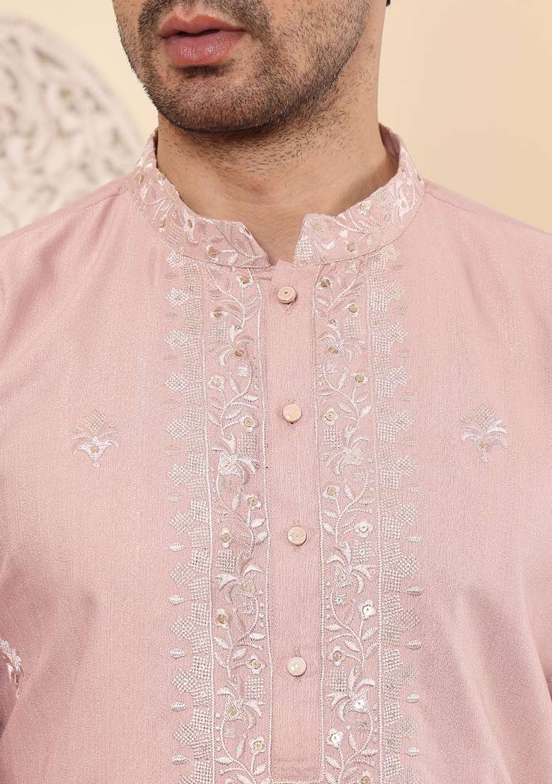 Pink Embellished Viscose Silk Kurta Set For Men - Indya