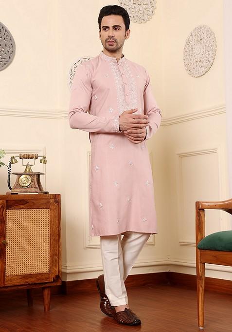 Pink Embellished Viscose Silk Kurta Set For Men