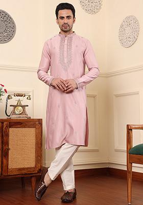 Light Pink Embellished Viscose Silk Kurta Set For Men
