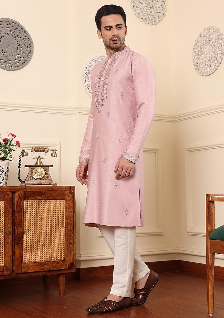 Light Pink Embellished Viscose Silk Kurta Set For Men