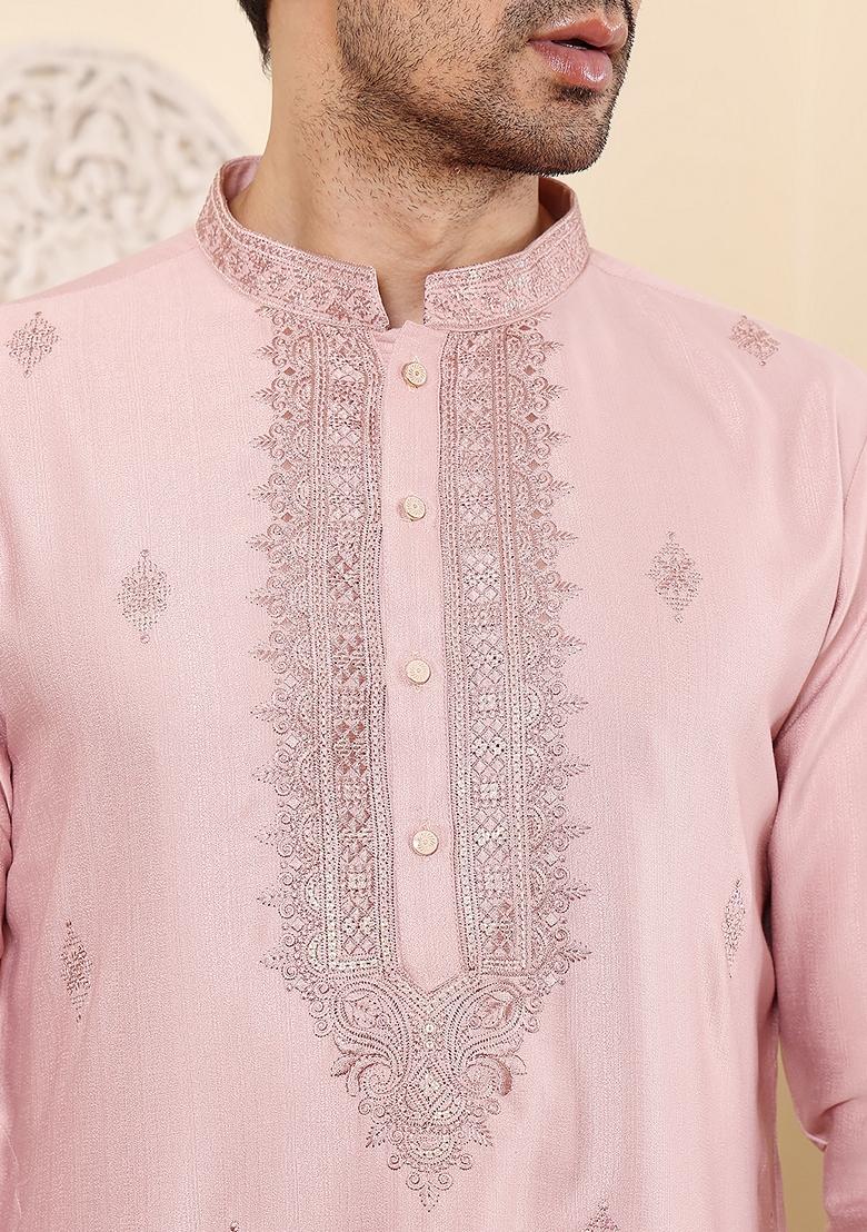 Light Pink Embellished Viscose Silk Kurta Set For Men