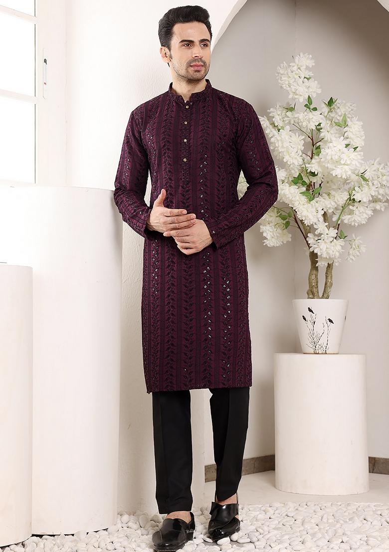 Dark Green Embellished Viscose Silk Kurta Set For Men