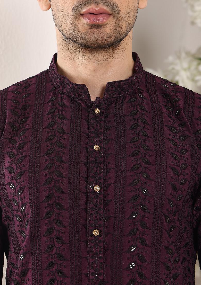 Dark Green Embellished Viscose Silk Kurta Set For Men